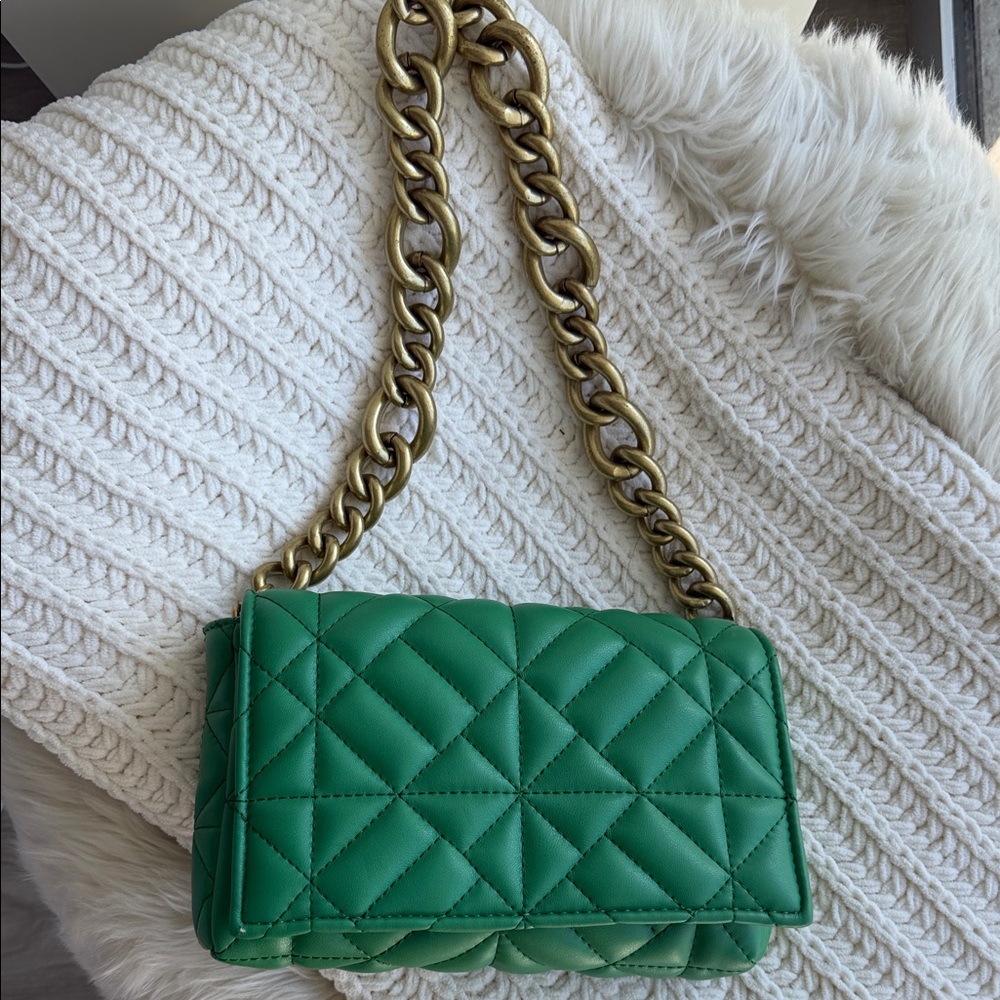 Zara Green Quilted Shoulder Bag with Gold Chain